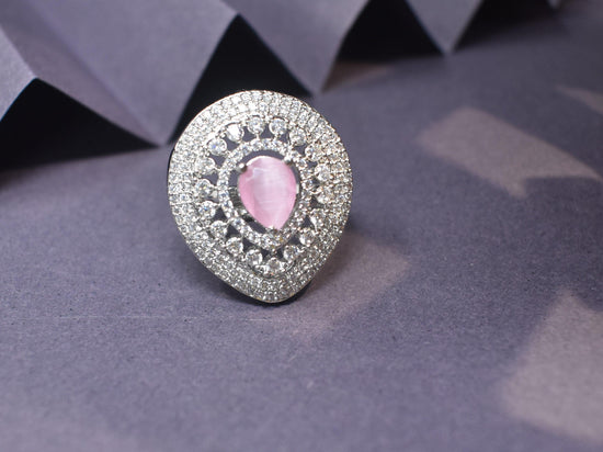 American Diamond Drop Shape Pink Stone Adjustable Ring - Steorra Jewels