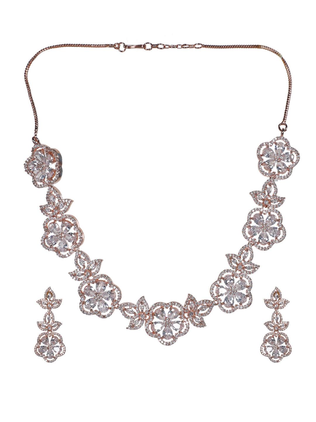 American Diamond Golden Flower Designer Stone Choker Necklace Set - Steorra Jewels