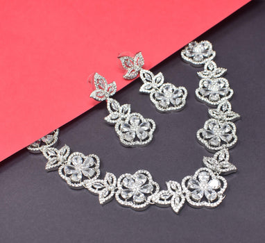 American Diamond White Flower Designer Stone Choker Necklace Set - Steorra Jewels