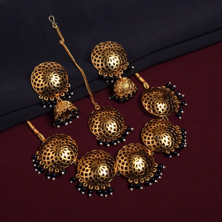 Black Beads Golden Tone Choker Necklace Set - Steorra Jewels