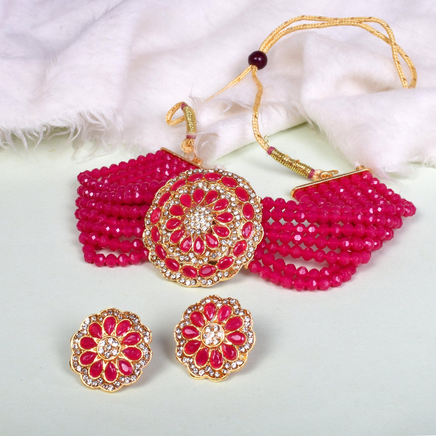 Ethnic Pink Beads Studded Round Choker Set