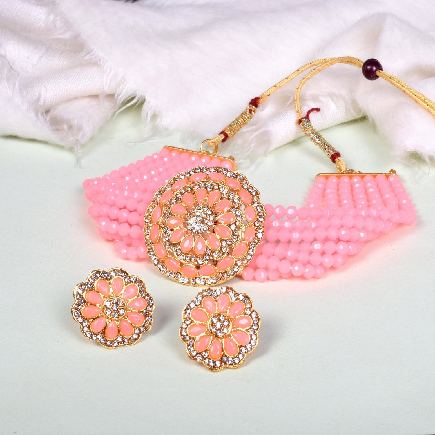 Ethnic Baby Pink Beads Studded Round Choker Set