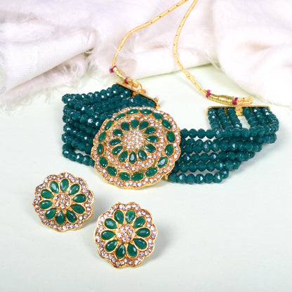 Ethnic Green Beads Studded Round Choker Set