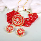 Ethnic Red Beads Studded Round Choker Set
