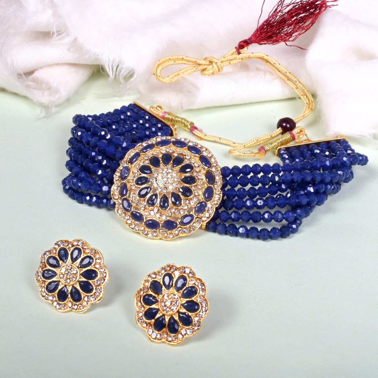 Ethnic Dark Blue Beads Studded Round Choker Set