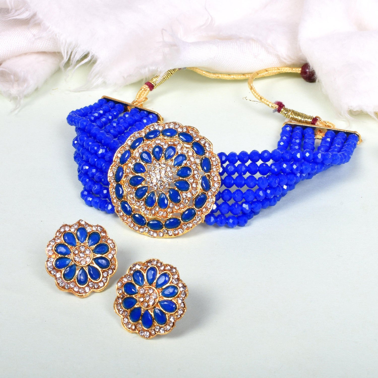 Ethnic Dark Blue Beads Studded Round Choker Set