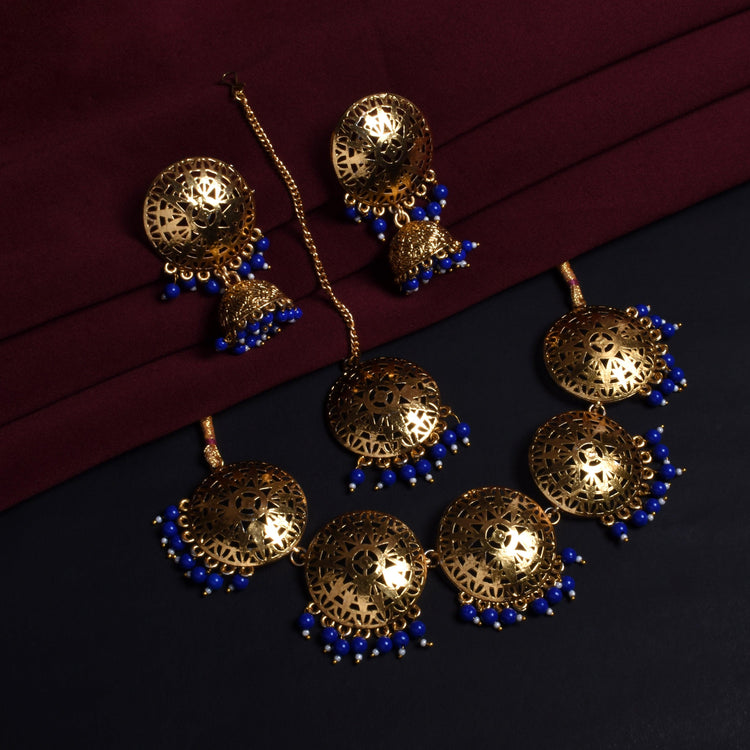Blue Beads Golden Tone Choker Necklace Set With Maang tikka