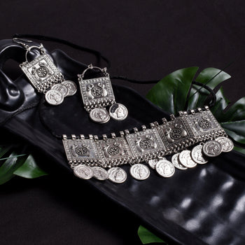 Coin Oxidized Design Choker Necklace Set - Steorra Jewels