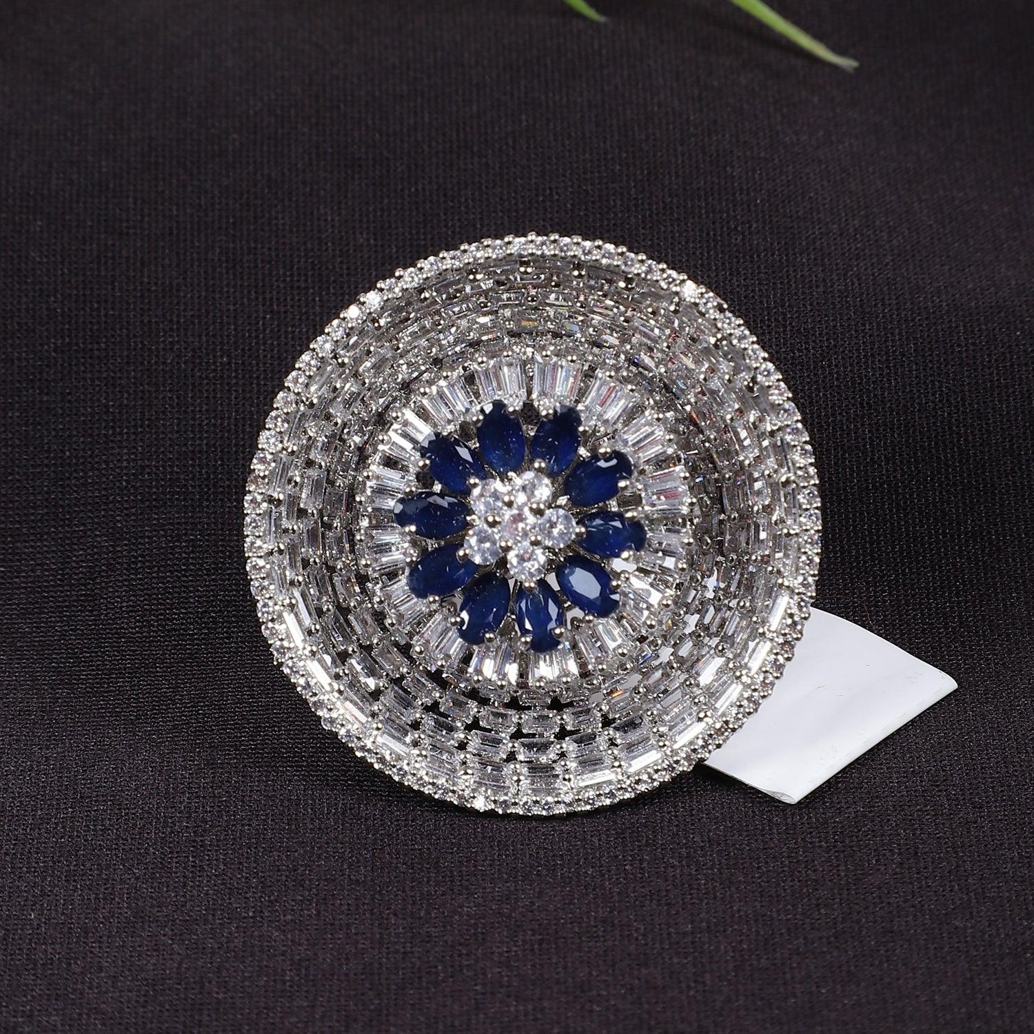 Designer Blue American Diamond Stone Adjustable Ring - Steorra Jewels