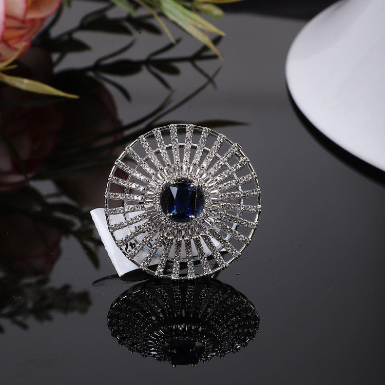 Designer Blue Stone Silver American Diamond Adjustable ring - Steorra Jewels