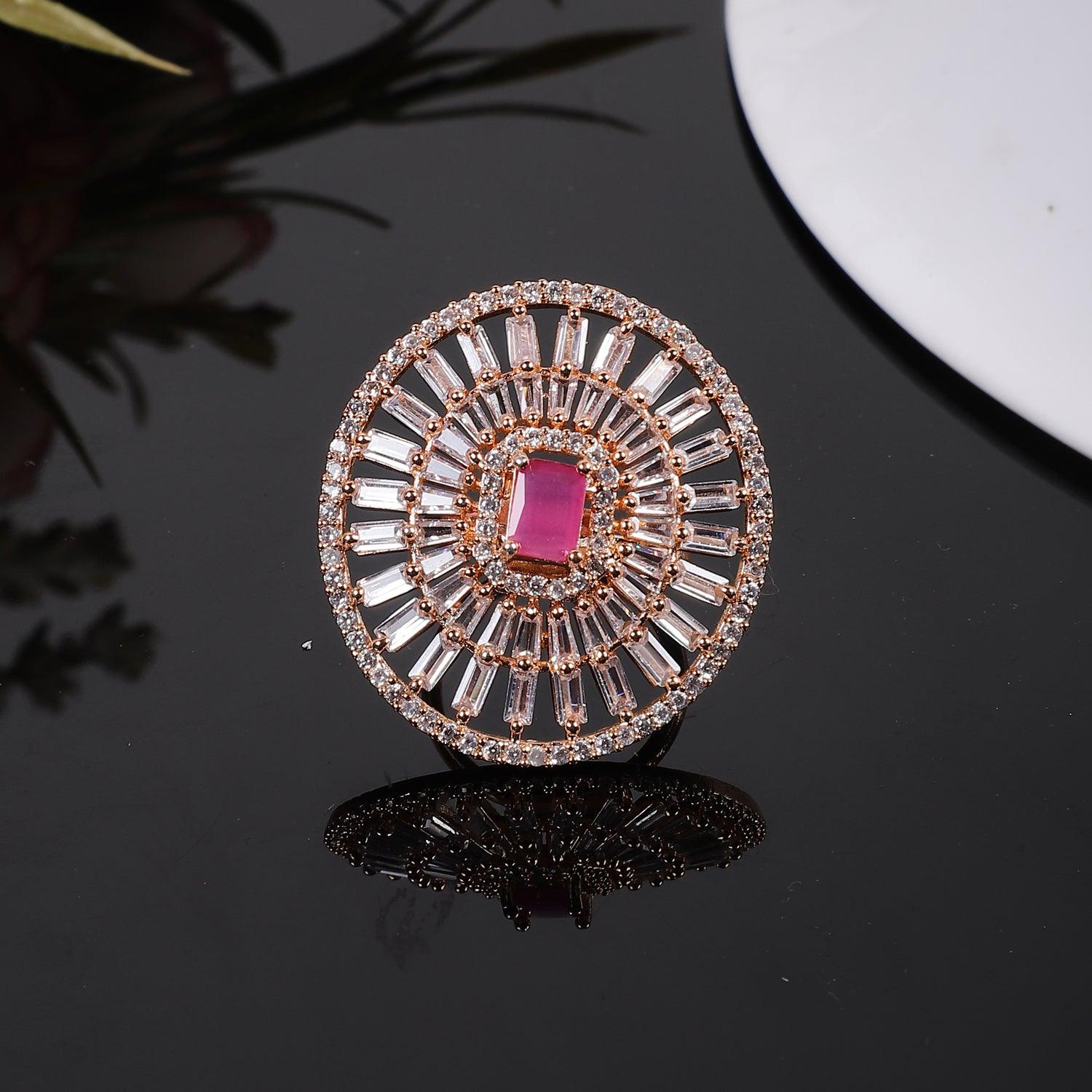 Designer Golden Pink Stone American Diamond Adjustable ring - Steorra Jewels