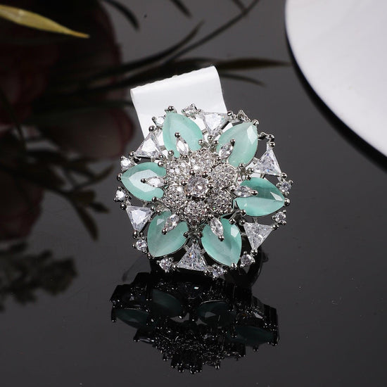 Designer Mint Green Silver Tone American Diamond Adjustable ring - Steorra Jewels