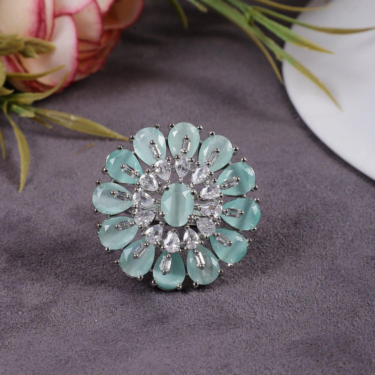 Designer Mint green Silver Tone American Diamond Adjustable Ring - Steorra Jewels