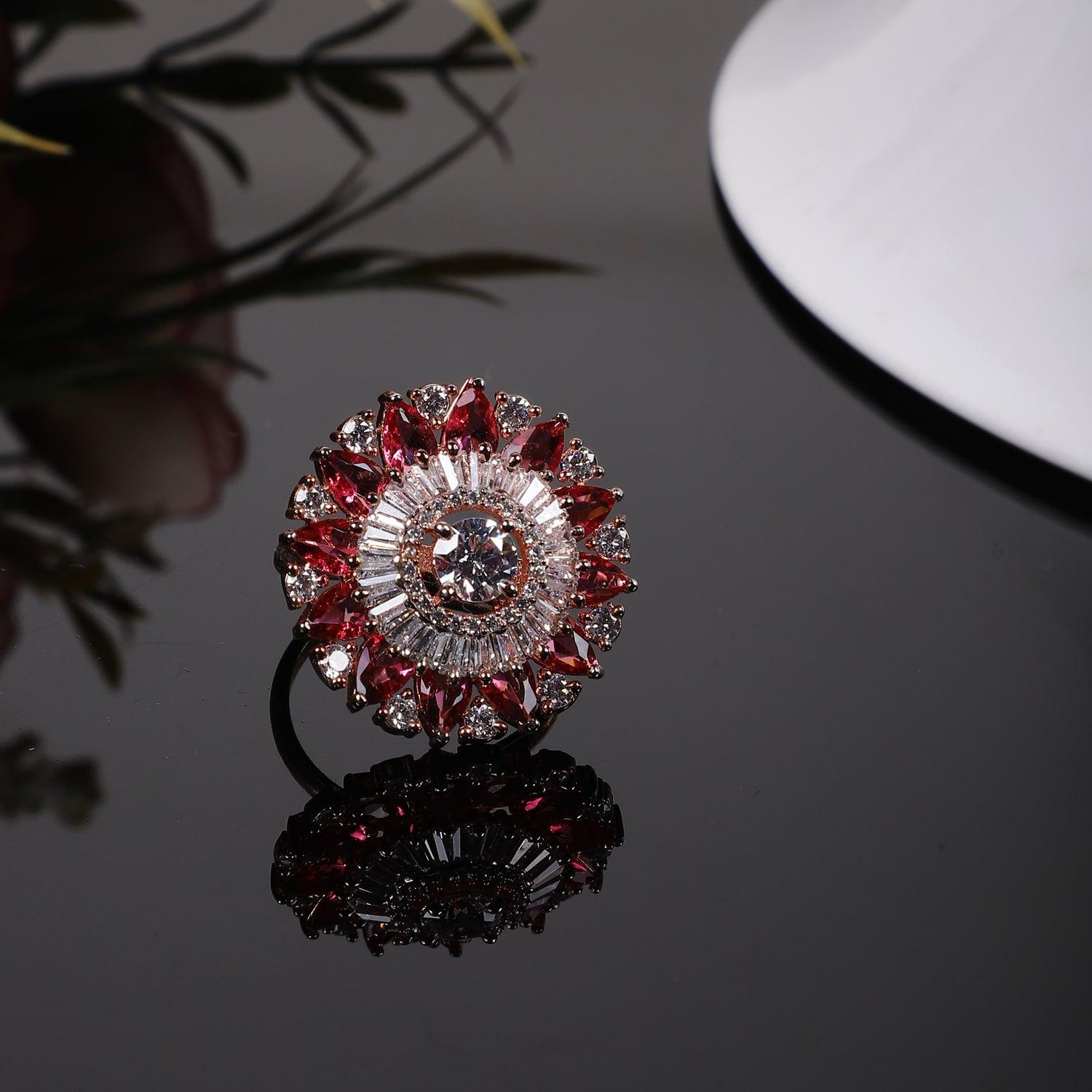 Designer Pink Golden Tone American Diamond Adjustable Ring - Steorra Jewels