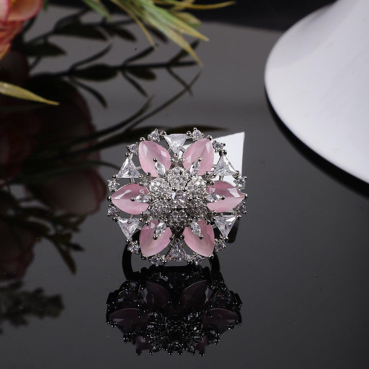 Designer Pink Silver Tone American Diamond Adjustable Ring - Steorra Jewels