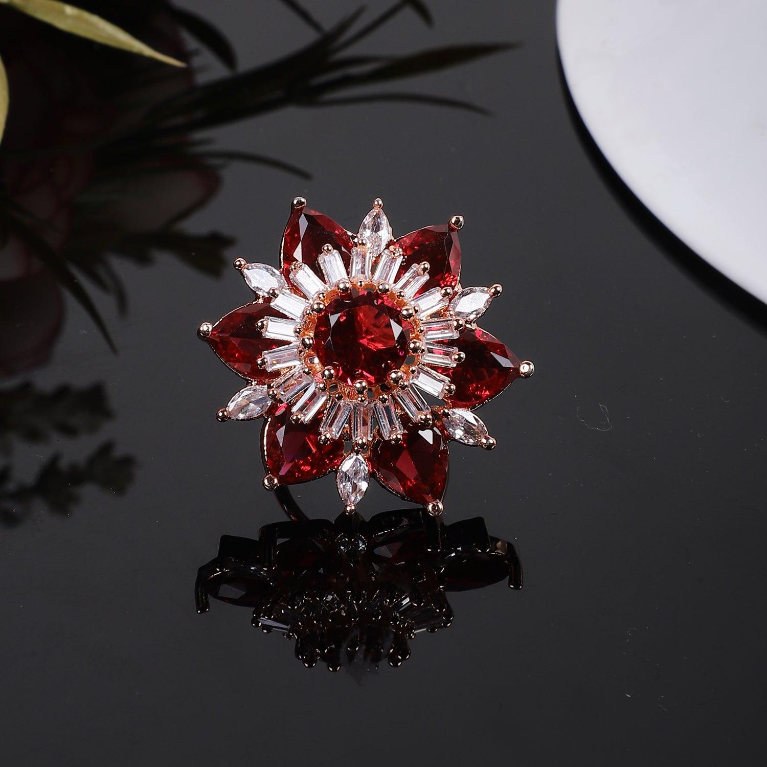 Designer Red Silver Stone American Diamond Adjustable ring - Steorra Jewels