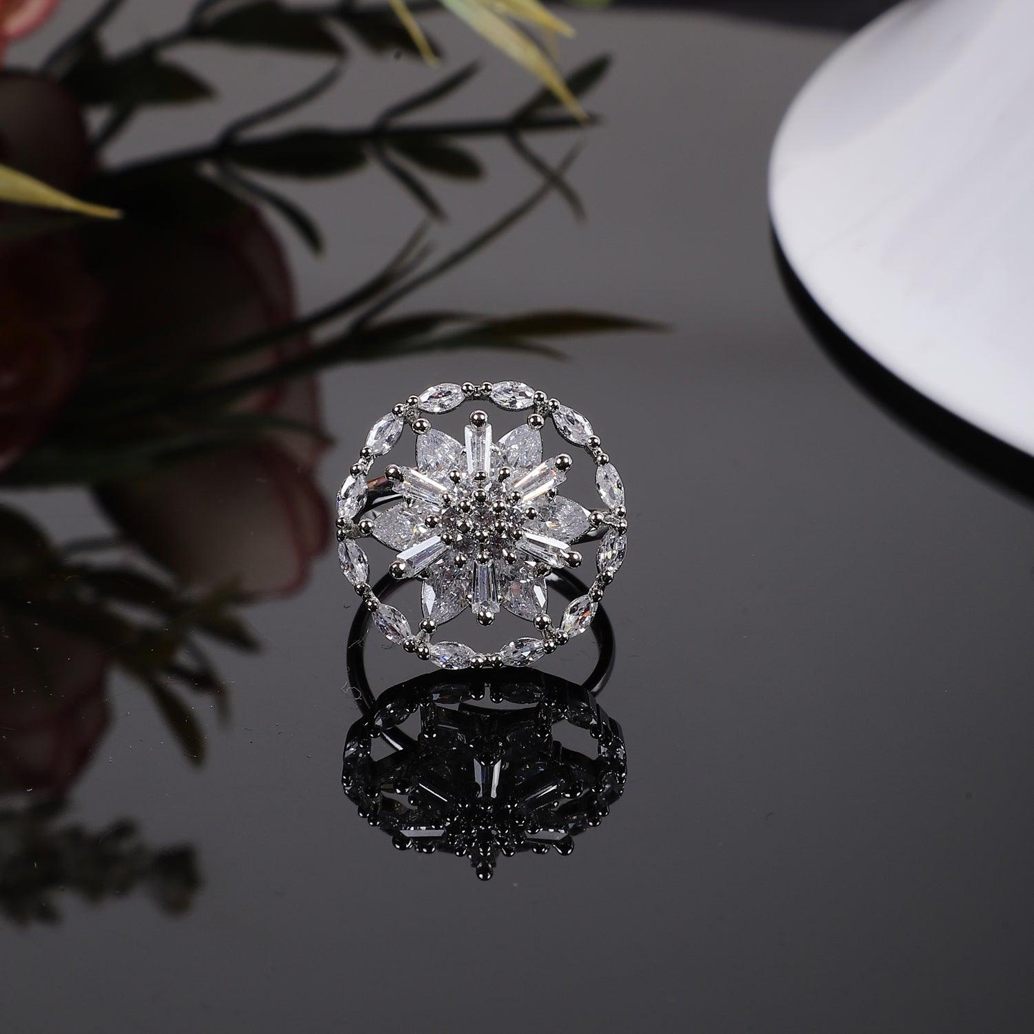 Designer Silver American Diamond Adjustable Ring - Steorra Jewels