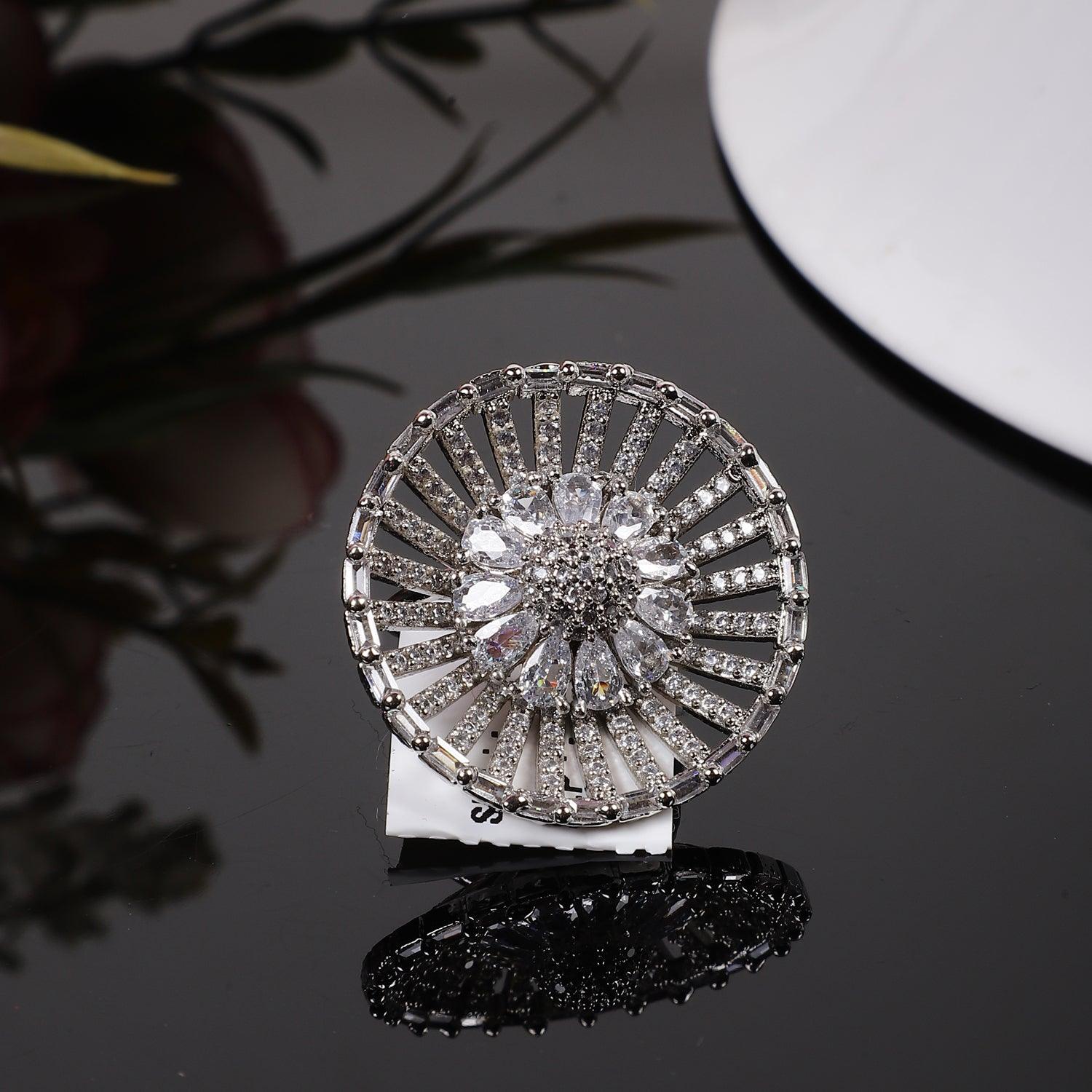 Designer Silver American Diamond Adjustable ring - Steorra Jewels