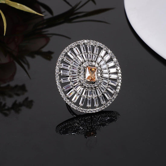 Designer Silver Orange Stone American Diamond Adjustable ring - Steorra Jewels