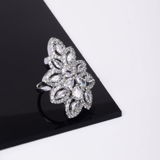 Designer Silver Stone American Diamond Adjustable ring - Steorra Jewels