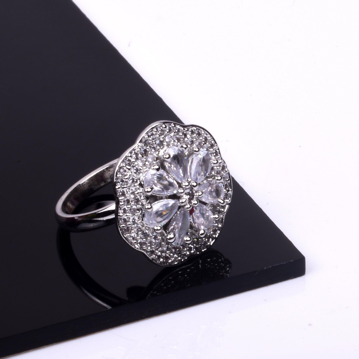 Designer Silver Tone American Diamond Adjustable Ring - Steorra Jewels