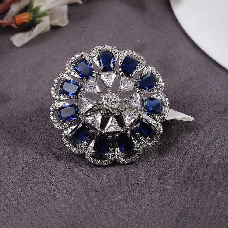Designer Silver Tone Blue American Diamond Adjustable Ring - Steorra Jewels