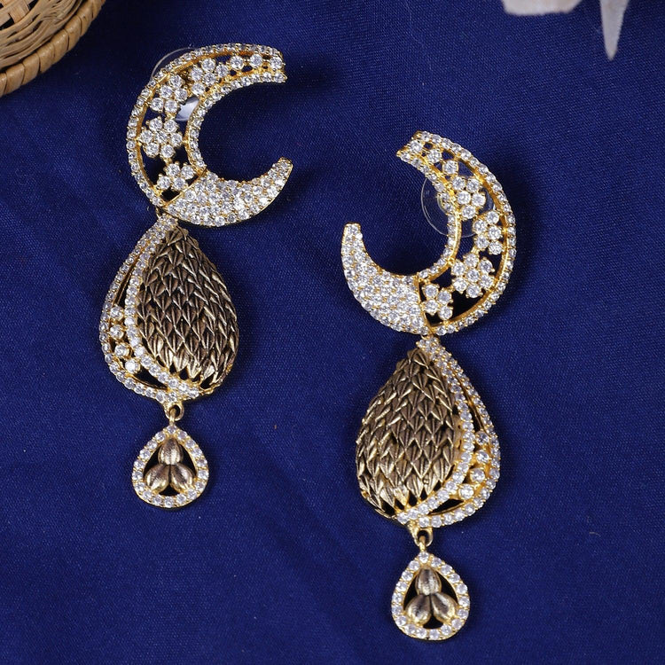 Designer Style Golden American Diamond Stones Dangler Earrings for Women - Steorra Jewels