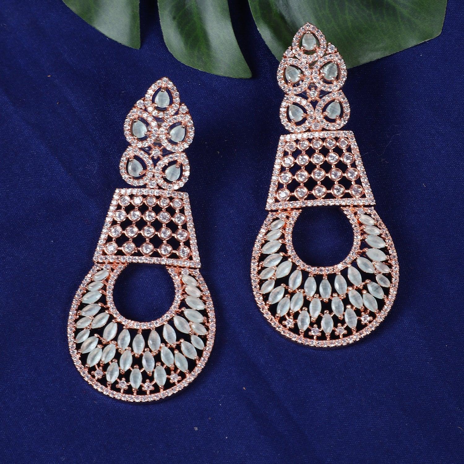 Designer Style Golden Green American Diamond Stones Dangler Earrings for Women - Steorra Jewels