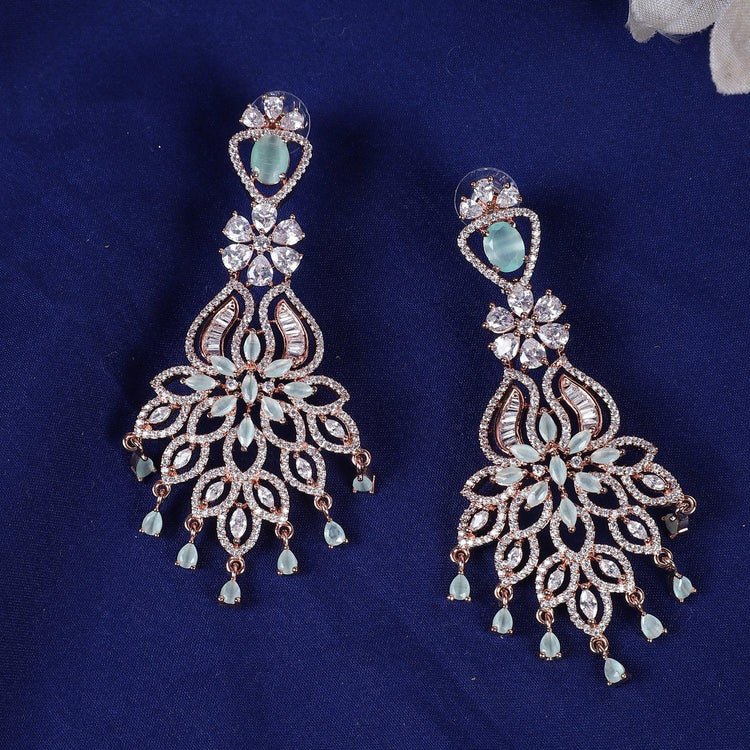 Designer Style Golden Green Stone American Diamond Dangler Earrings for Women - Steorra Jewels