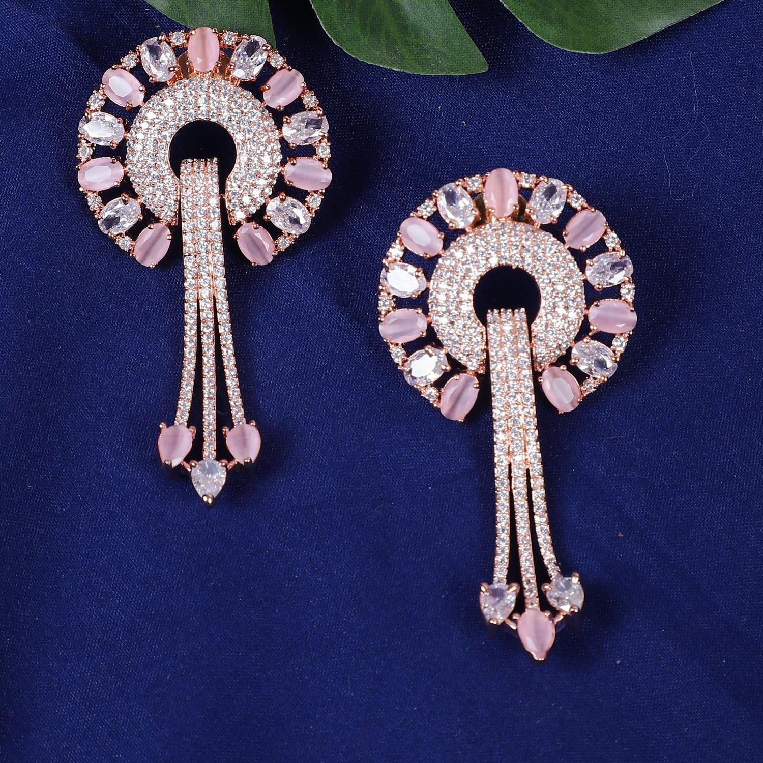 Designer Style Golden Pink Stone American Diamond Dangler Earrings for Women - Steorra Jewels