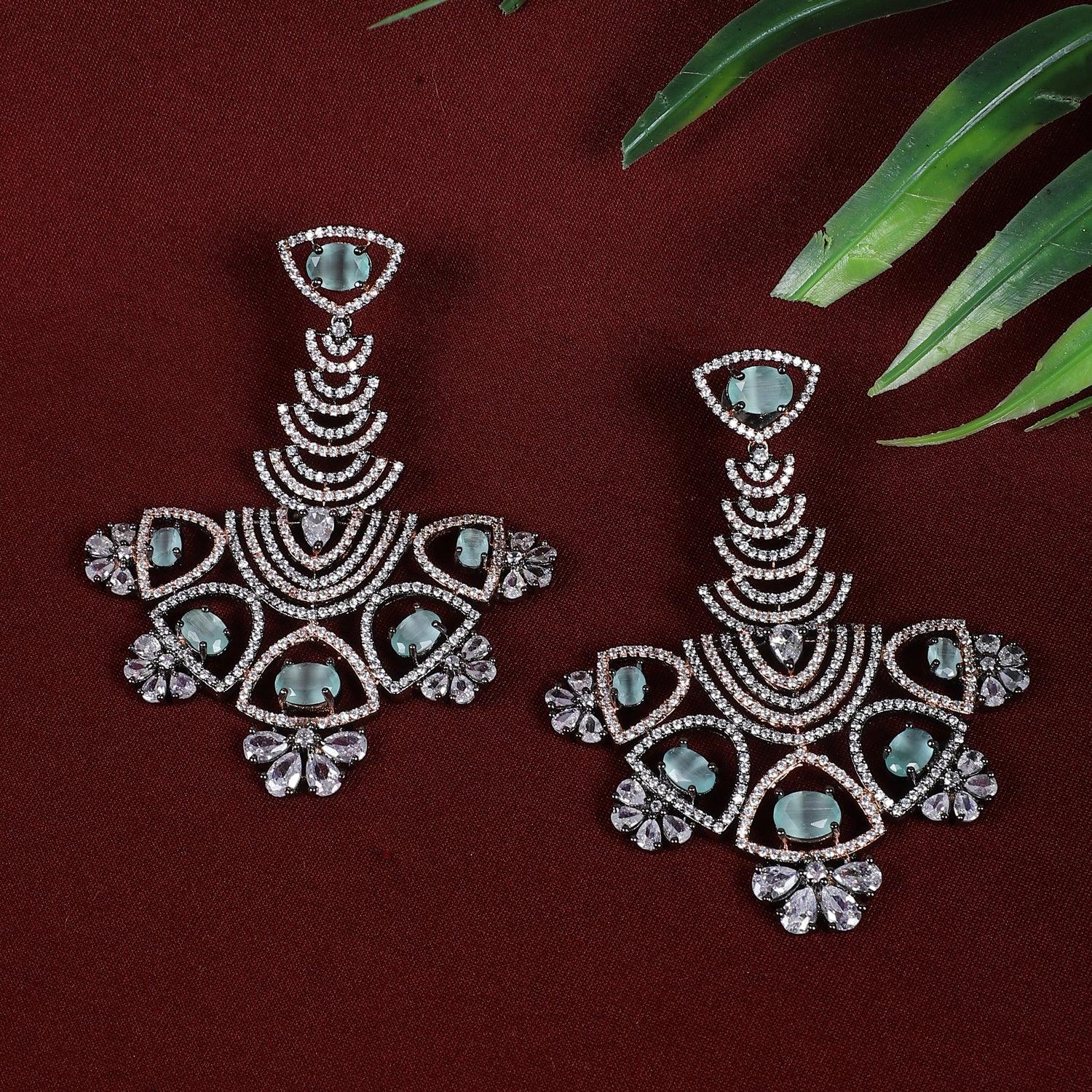 Designer Style Light Blue Silver American Diamond Stones Dangler Earrings for Women - Steorra Jewels