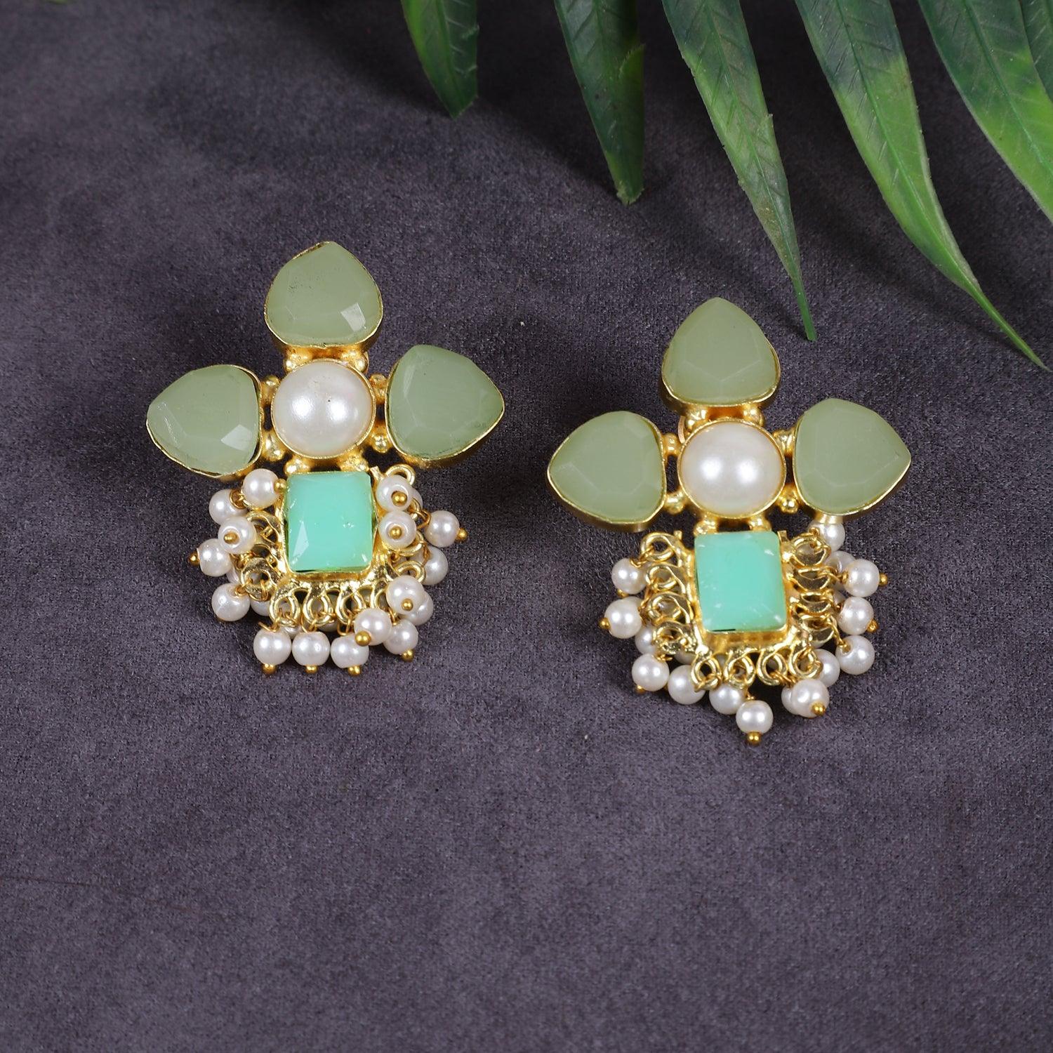 Designer Style Light Green Pearl Studs Earrings for Women - Steorra Jewels