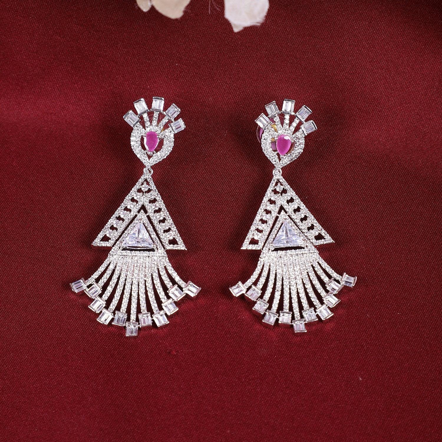 Designer Style Pink Silver American Diamond Stones Dangler Earrings for Women - Steorra Jewels