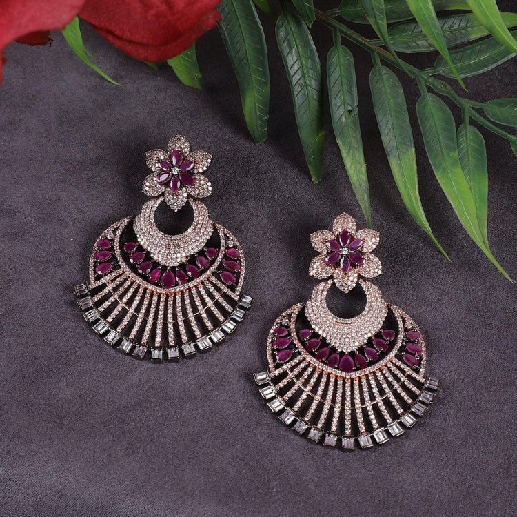 Designer Style Purple Stone Black tone American Diamond Dangler Earrings for Women - Steorra Jewels