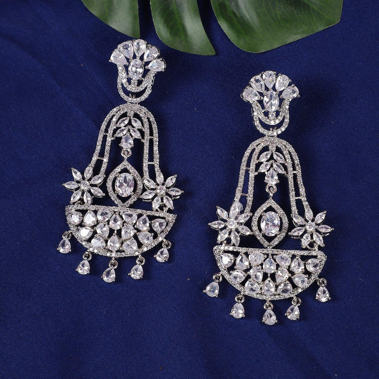Designer Style Silver American Diamond Stones Dangler Earrings for Women - Steorra Jewels