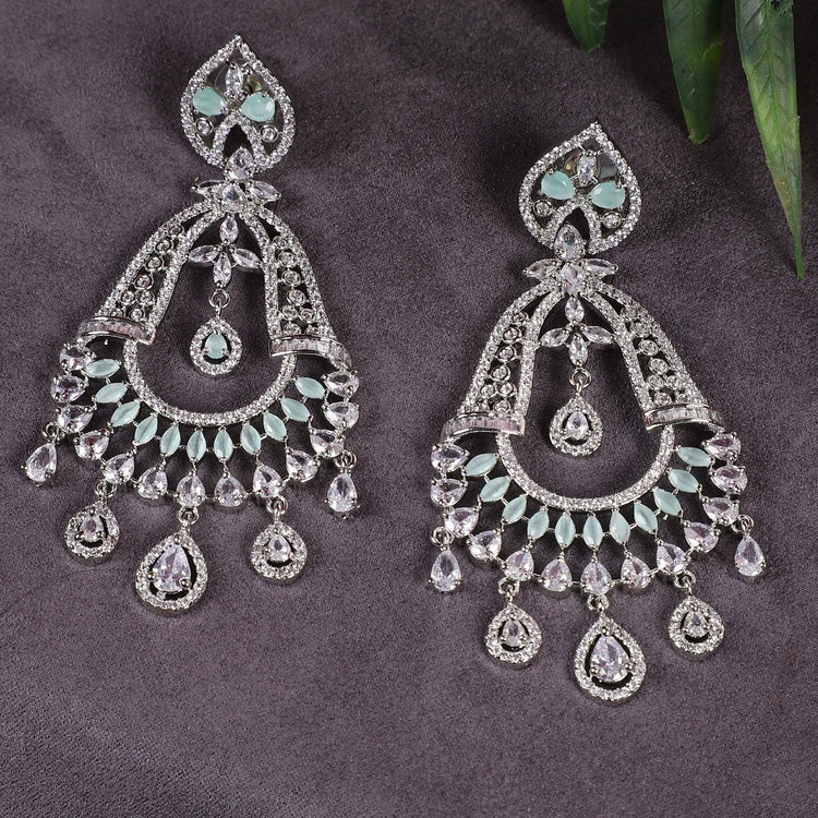 Designer Style Silver Green Stone American Diamond Dangler Earrings for Women - Steorra Jewels