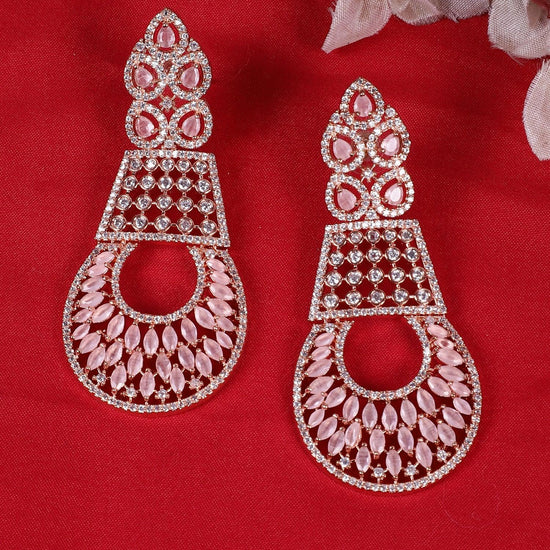 Designer Style Silver Pink Stone American Diamond Dangler Earrings for Women - Steorra Jewels