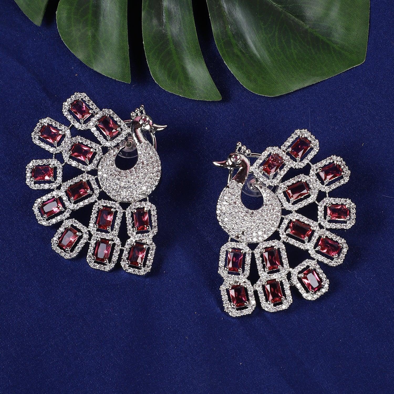 Designer Style Silver Red Stone Peacock Style American Diamond Studs Earrings for Women - Steorra Jewels