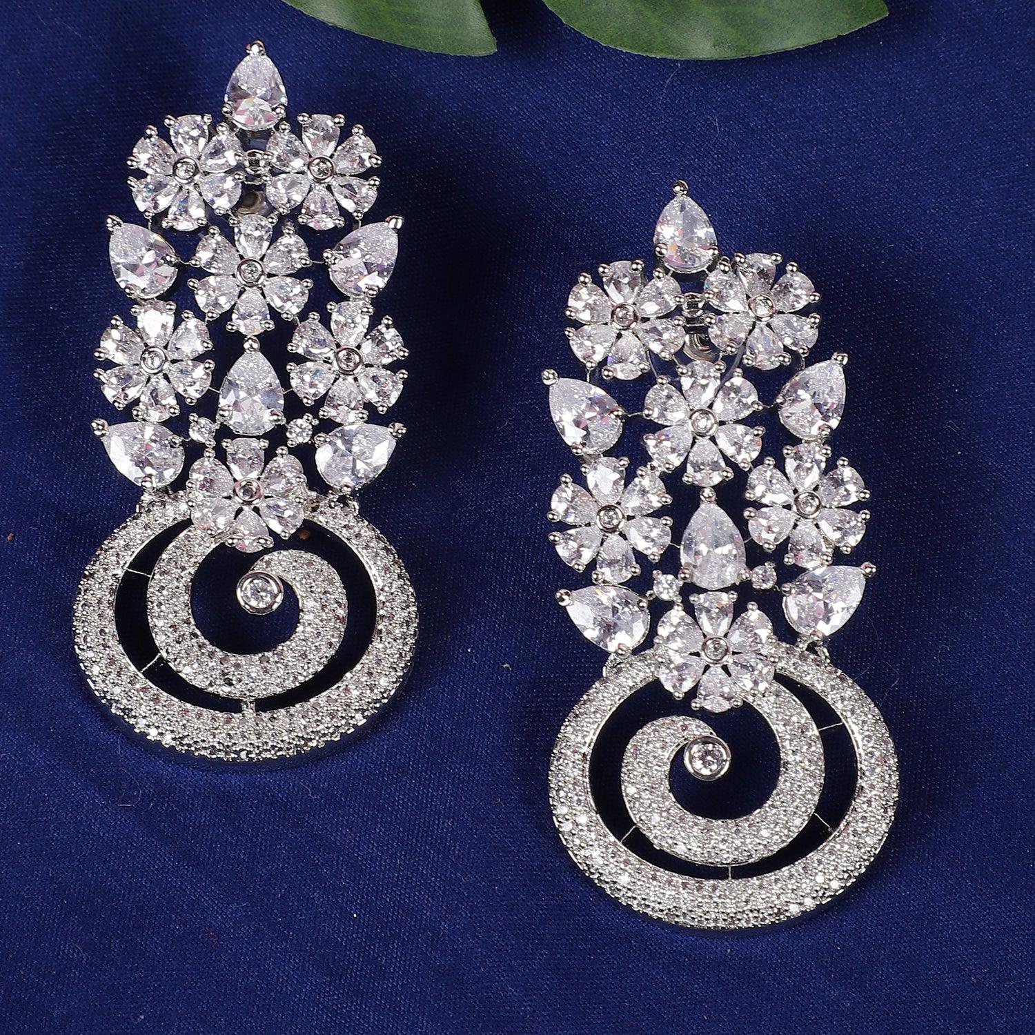 Designer Style Silver Stone American Diamond Dangler Earrings for Women - Steorra Jewels