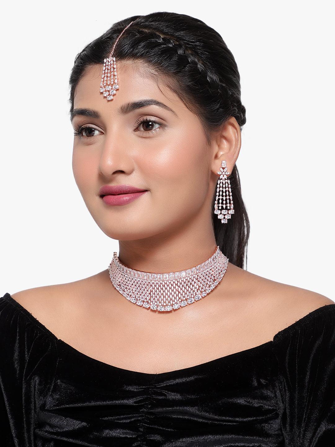 Elegant American Diamond Studded Golden Necklace Set - Steorra Jewels