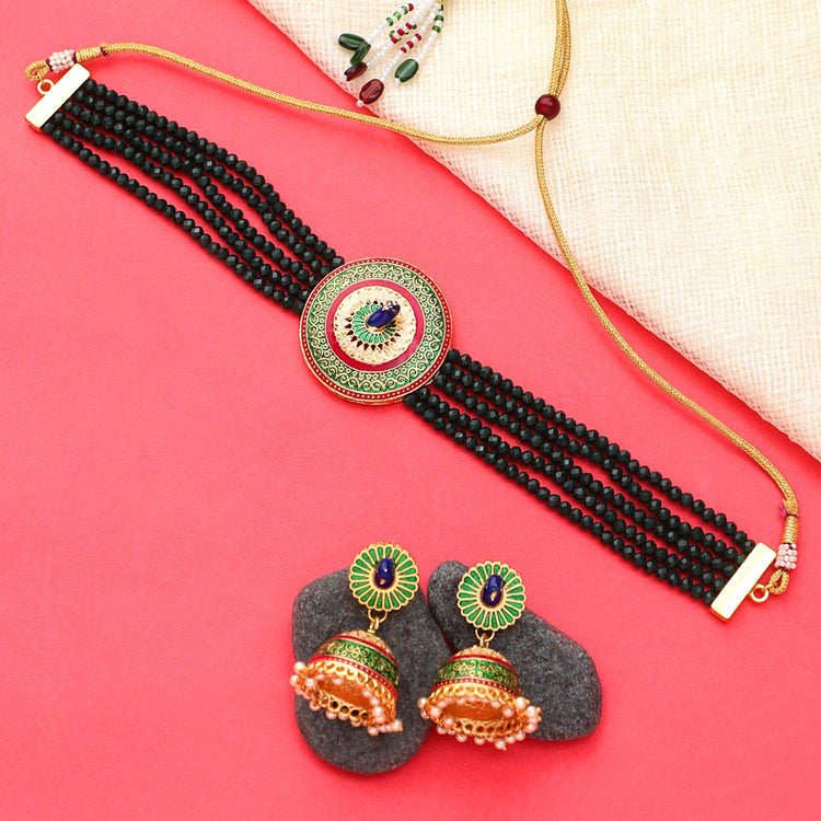 Ethnic Kundan Peacock Style Wedding Look Necklace Choker Set - Steorra Jewels
