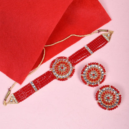 Ethnic Red Crystal Kundan Choker Necklace Set for Women and Girls