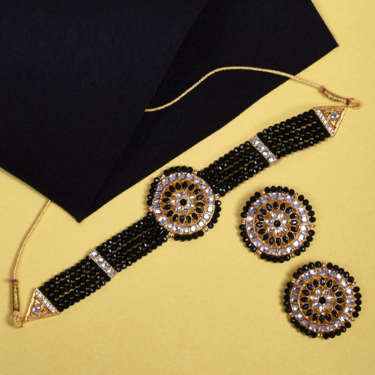 Ethnic Black Crystal Kundan Choker Necklace Set for Women and Girls