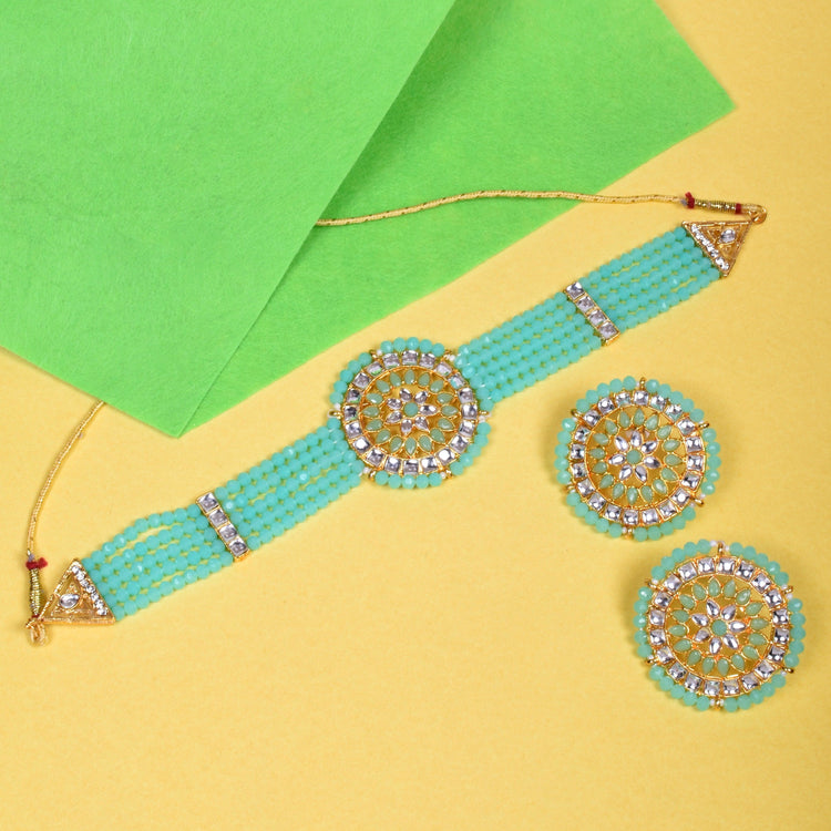 Ethnic Light Green Crystal Kundan Choker Necklace Set for Women and Girls
