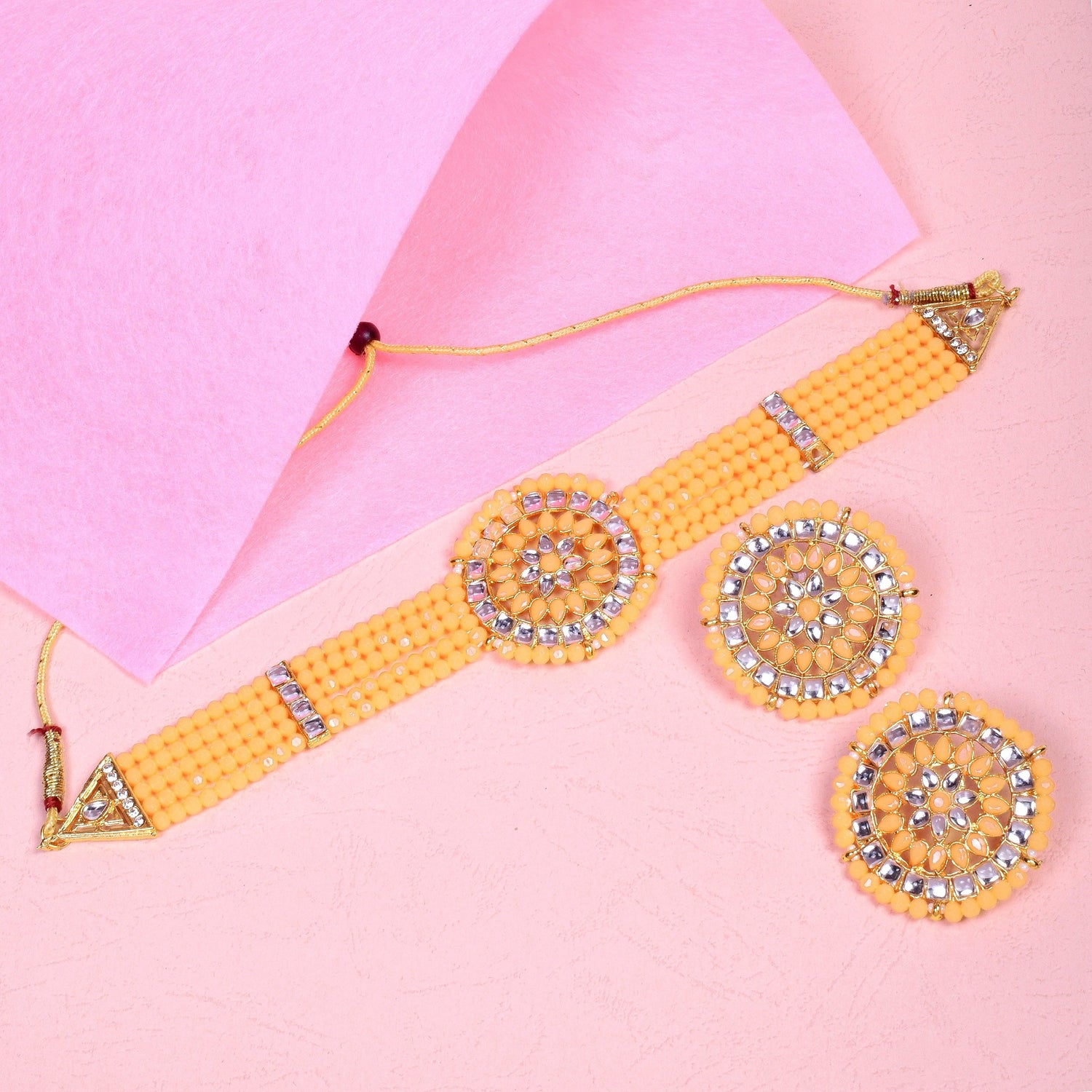 Ethnic Peach Crystal Kundan Choker Necklace Set