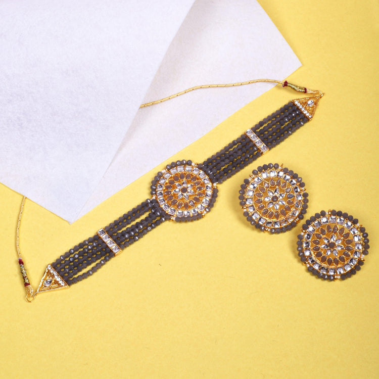 Ethnic Grey Crystal Kundan Choker Necklace Set