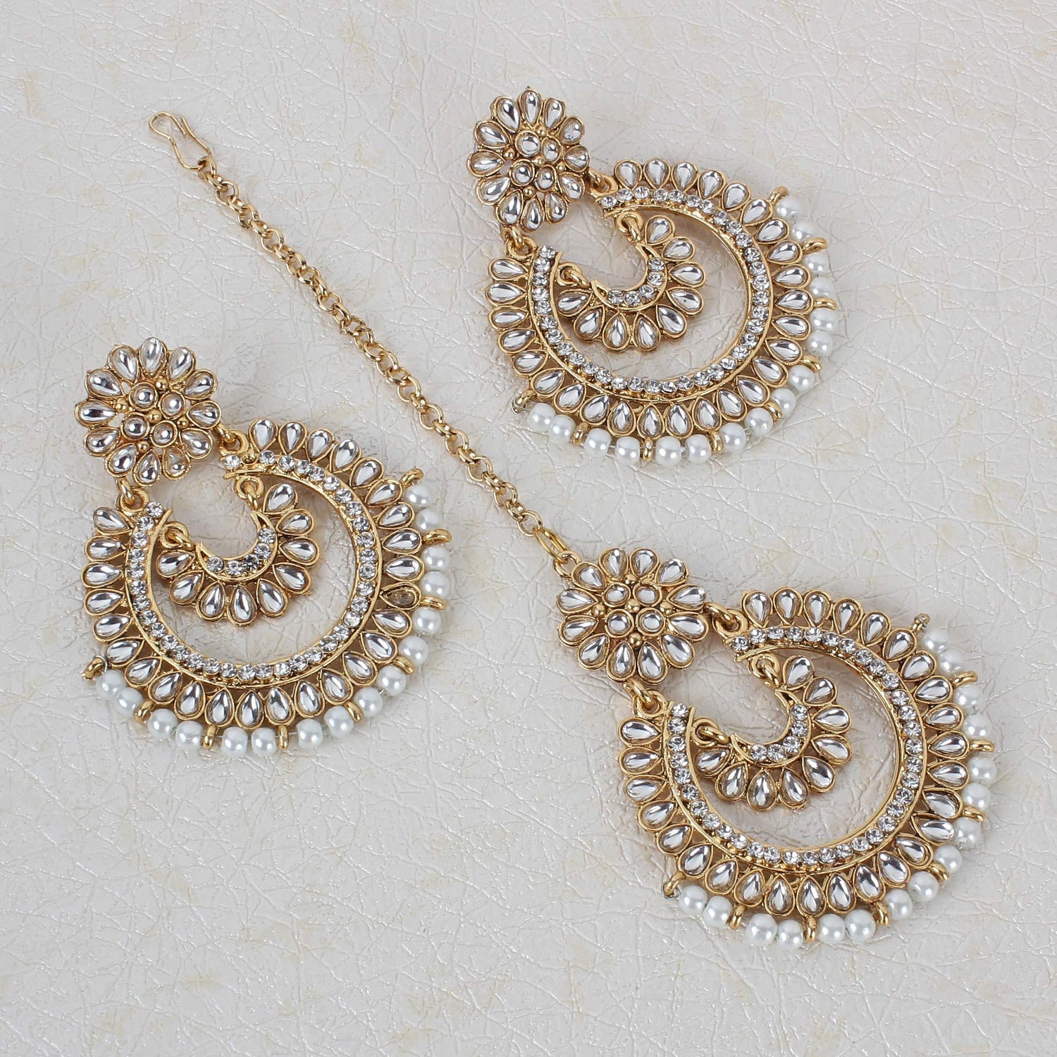 Ethnic Zircon Pearl Earrings With MaangTikka