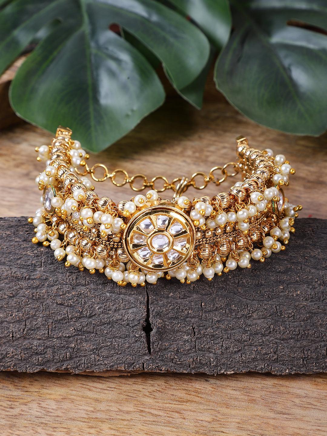 Exclusive Gold Plated Kundan Pearl Chain Bracelet - Steorra Jewels