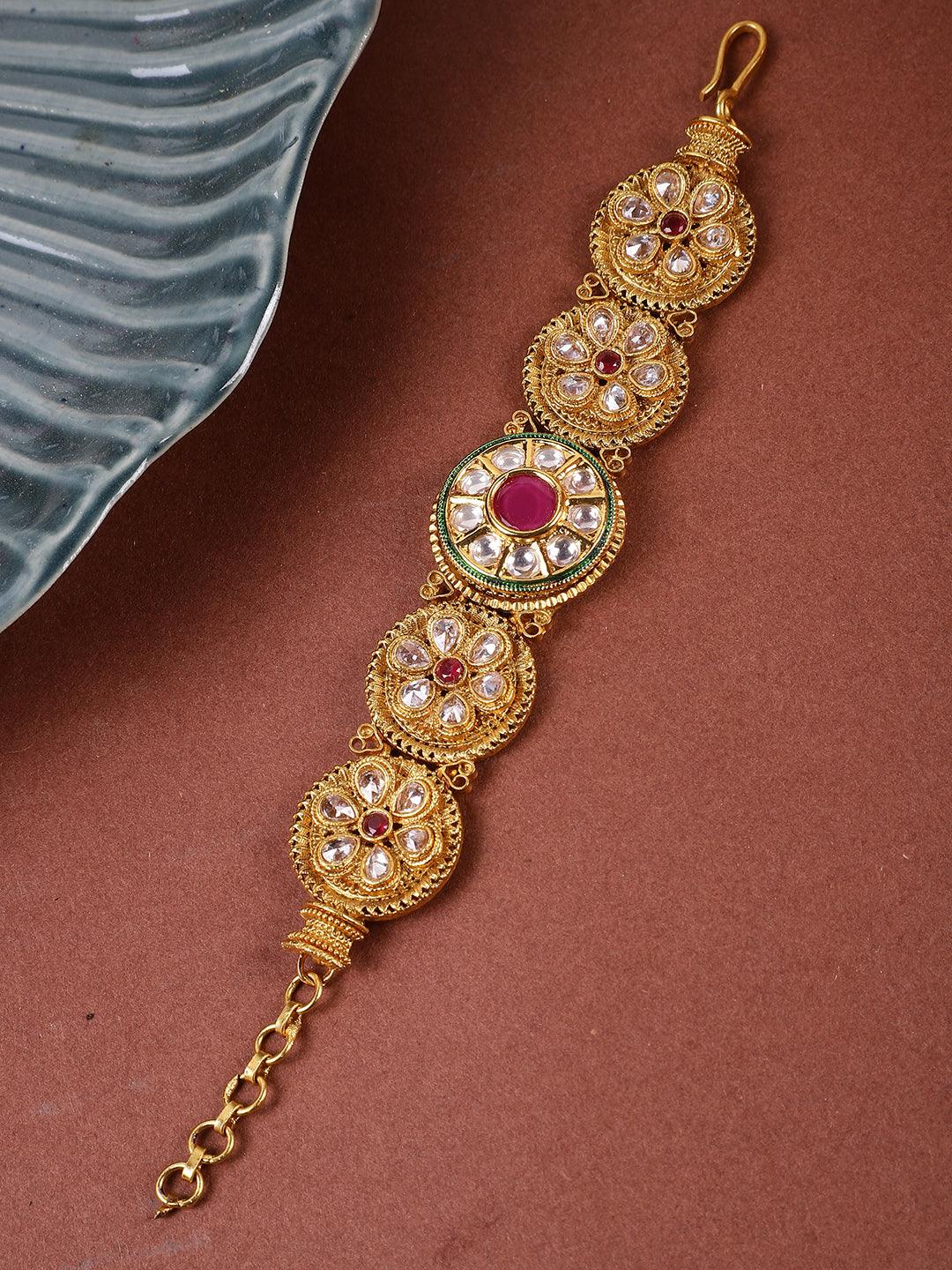 Exclusive Gold Plated Kundan Red Stone Chain Bracelet - Steorra Jewels