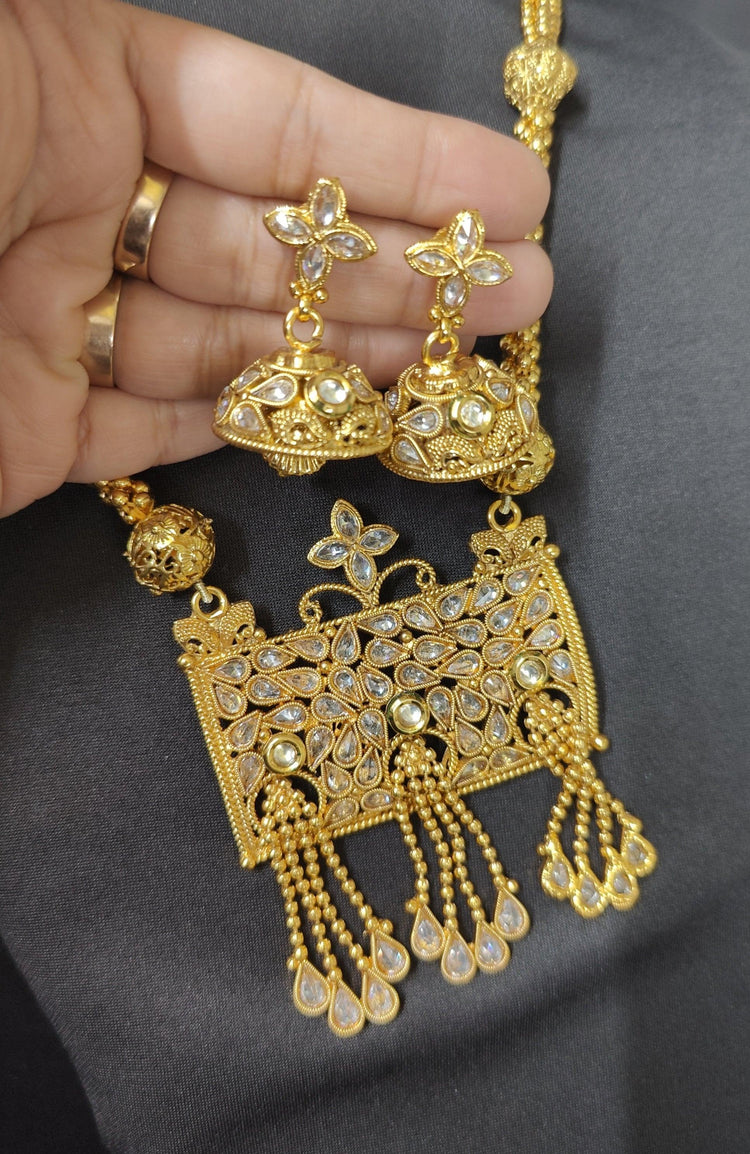 Exclusive Premium Golden Polki Stone Long Necklace Set – Steorra